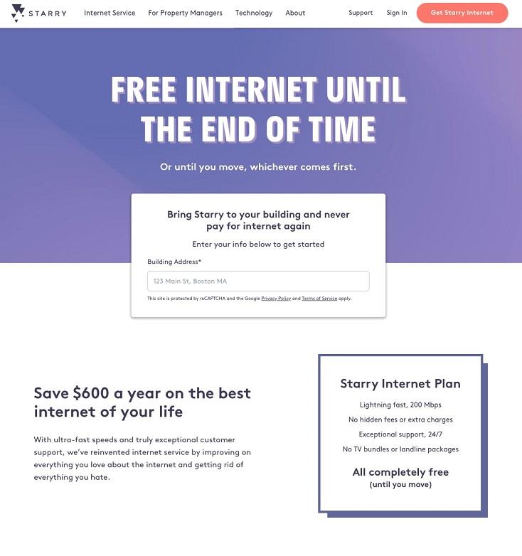 Starry internet landing page example
