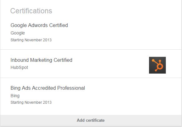 在LinkedIn上展示荣誉的AdWords认证测试截图