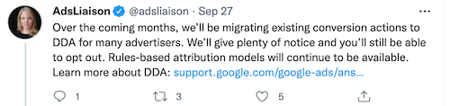 ginny marvin tweet: o Google irá migrar algumas ações de conversão existentes para a atribuição baseada em dados