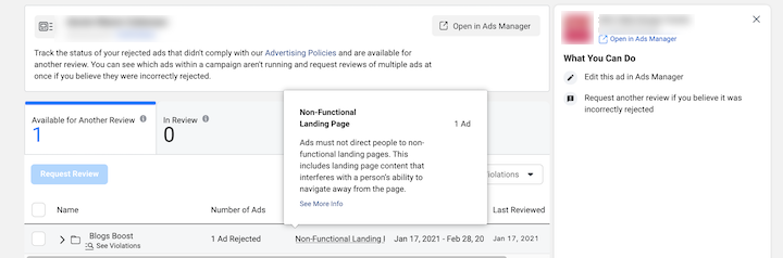 anúncio do Facebook não aprovado - notificação de página de destino não funcional