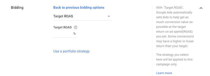 google ads automated bidding strategies: target ROAS setup