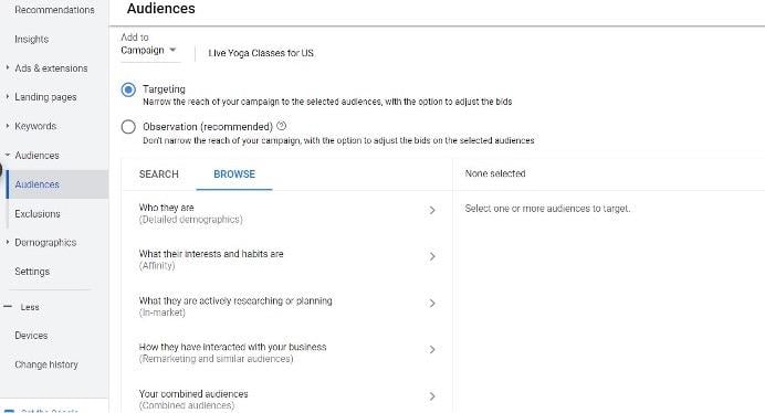 google ads audiences tab, used for layering audiences onto broad match keyword targeting