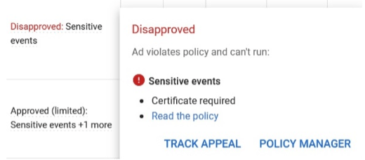 google ads disapproval for sensitive events 
