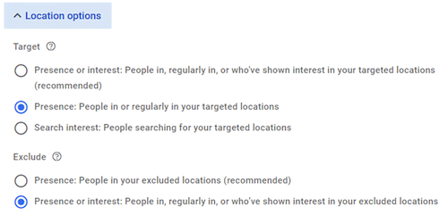 google ads geotargeting setup--three choices in location options