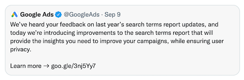 google ads tweet about search terms report september 2021