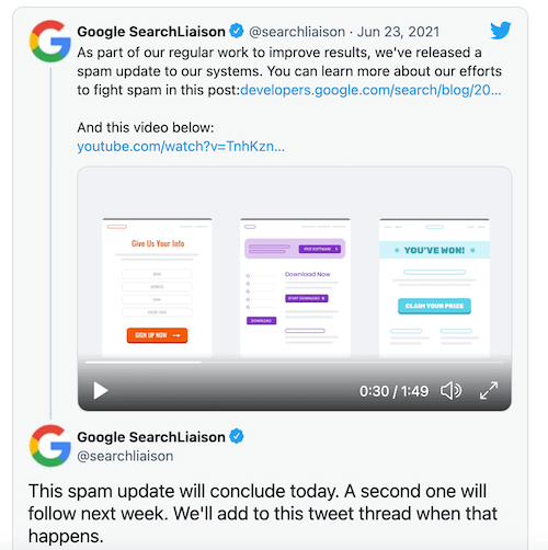google algorithm updates 2021 - tweet about spam update