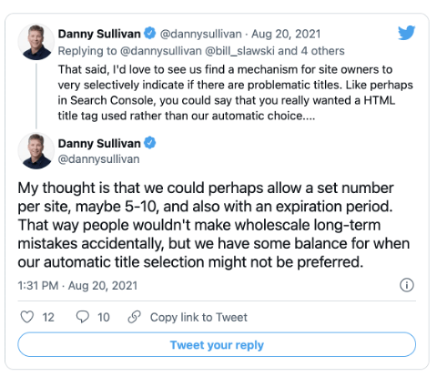danny sullivan's tweet with proposed solution to page title rewrites