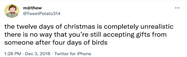 guide to cliche free holiday copywriting: funny tweet about 12 days of christmas