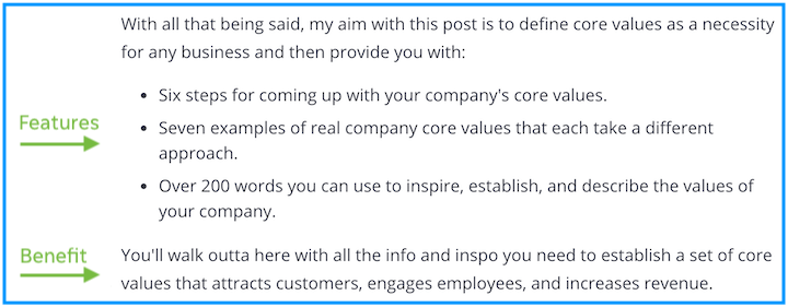 example of copy that sells--features and benefits in blog post intro
