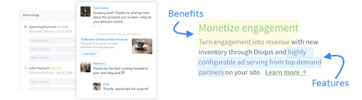 example of sales copy with features and benefits