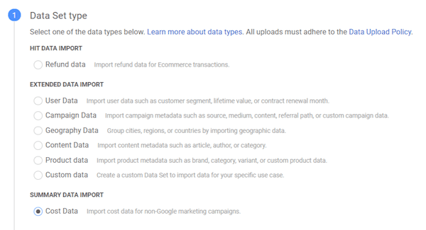how to import cost data into google analytics—data set types