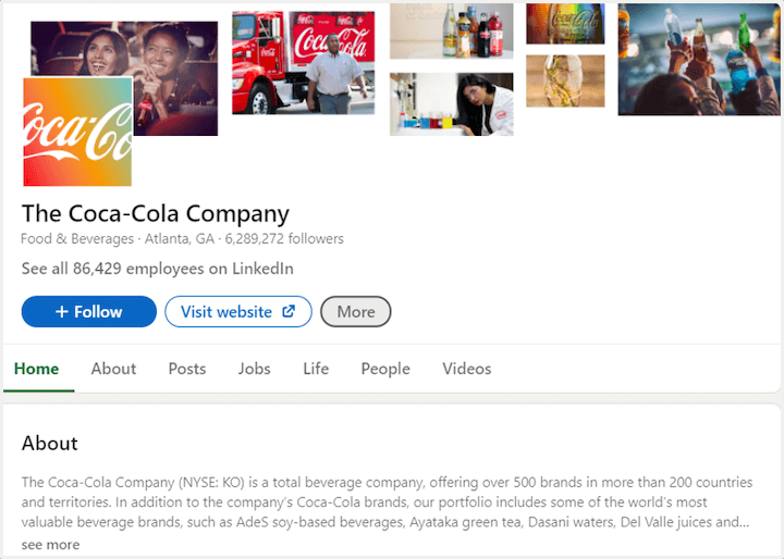 Linkedin Company Page Example Coca Cola