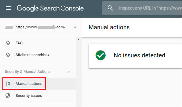 manual actions tab in google search console showing no google penalties