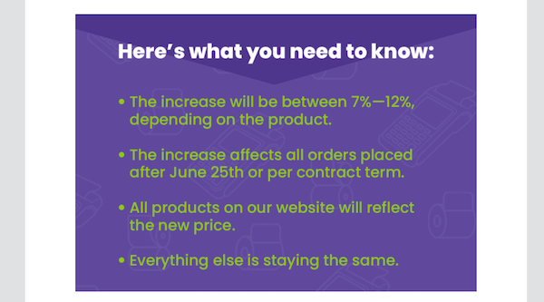 example of email price increase letter with bullet points